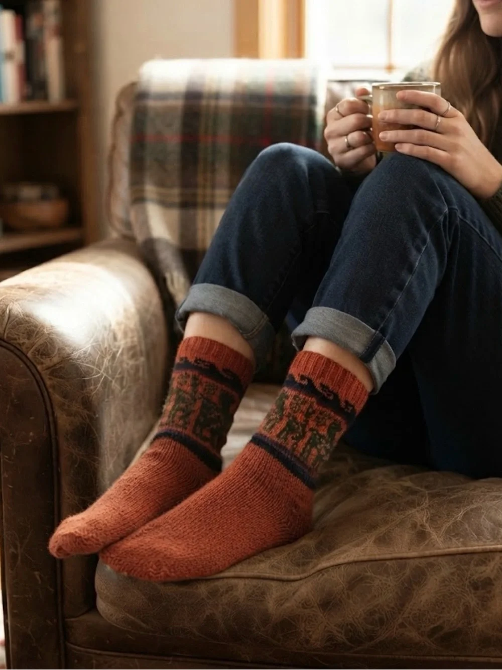 Handmade Alpaca / Wool Blend Fair Isle Llama Socks Orange Cozy Winter